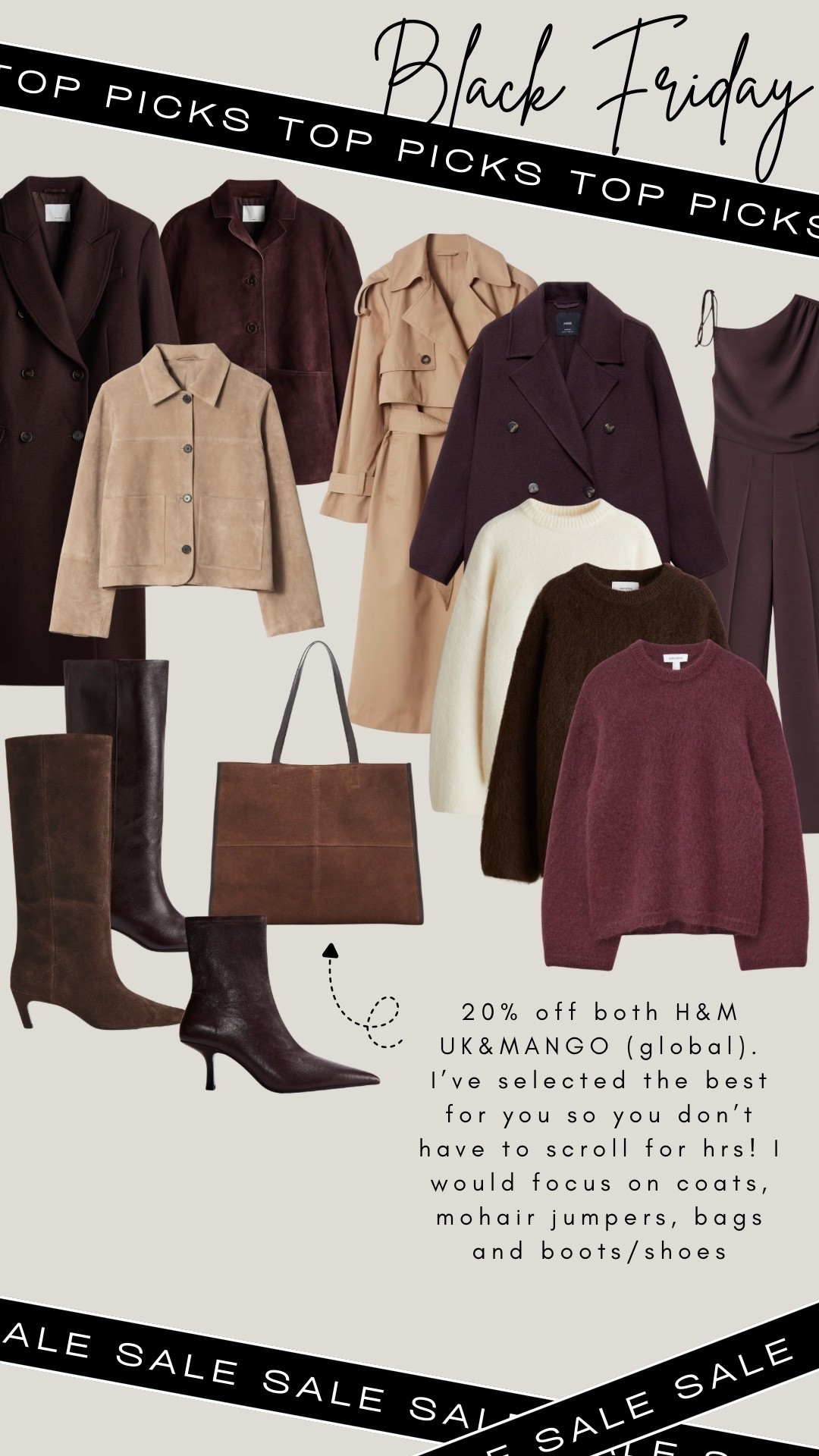 The Black Friday edit you don’t want to miss 🤎🛍️ I’ve handpicked the strongest pieces from the 20% off H&M UK & Mango (global) sale so you don’t have to scroll for hours ✨ Think timeless coats, mohair jumpers, structured bags and rich brown boots — the pieces that actually elevate your winter wardrobe and sell out first 🤎🧥✨

Like this post to save it to your favourite folder and come back later to shop.

: black friday sale, h&m sale, mango sale, winter outfits, neutral style, fall coats, wool coat, trench coat, suede jacket, mohair jumper, knitwear edit, brown boots, knee high boots, ankle boots, winter essentials, capsule wardrobe, minimal style, chic basics, everyday outfits, wardrobe staples

#LTKmomlife #LTKSeasonal