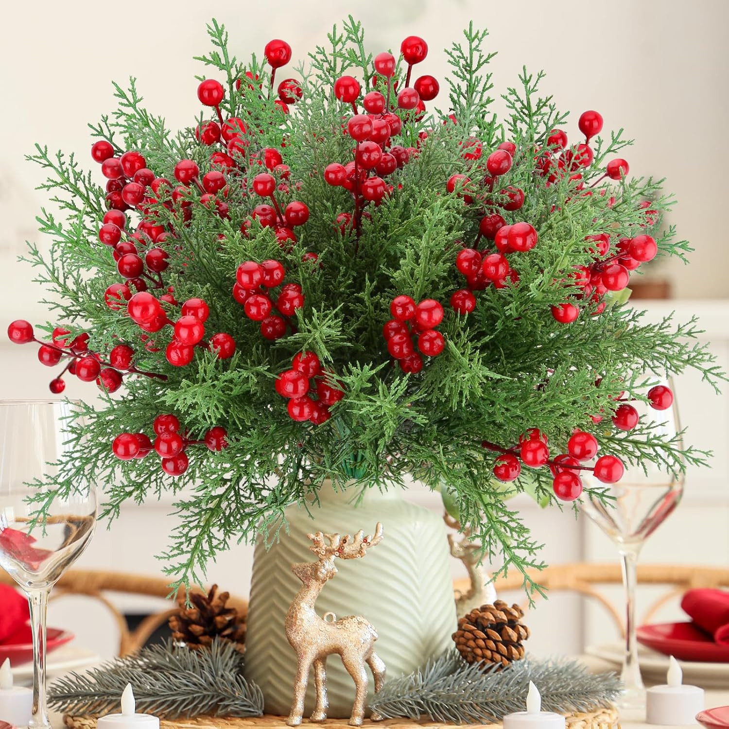 Artificial Christmas Flowers, 4 Bundles Norfolk Pine Branches with Berries | Amazon (US)