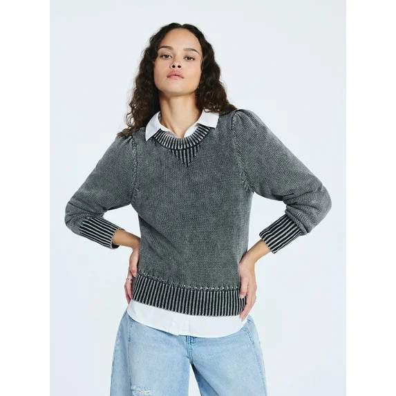 Scoop Women’s Acid Wash Cotton Sweater with Long Puff Sleeves, Midweight, Sizes XS-XXL | Walmart (US)