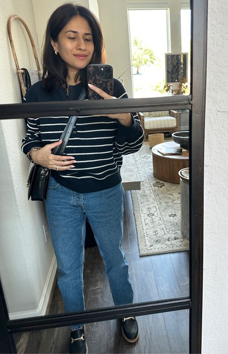 Wish I had a better picture of this sezane fall outfit - light sweater navy stripes and straight jeans size 27. Could have gone smaller 

#LTKSeasonal #LTKfindsunder100 #LTKstyletip