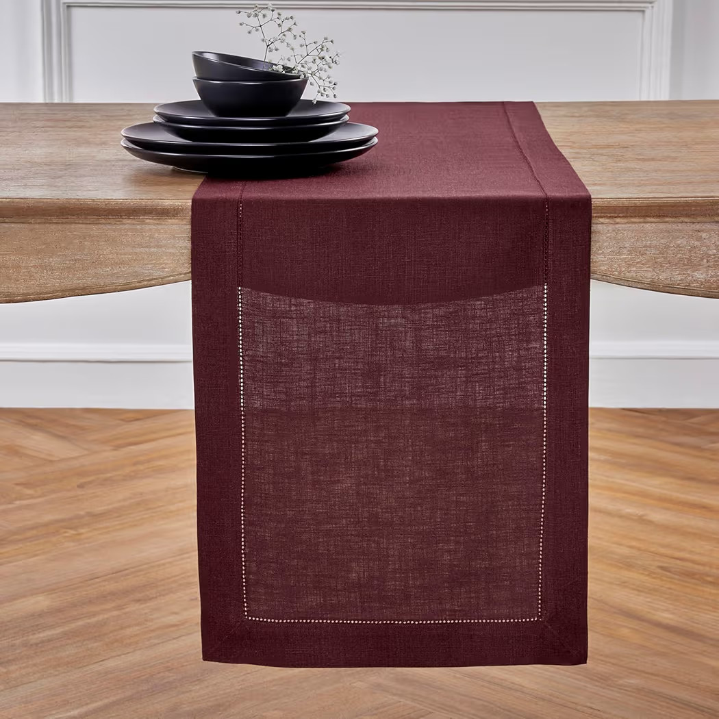 Solino Home Linen Table Runner 36 Inches - 100% Pure Linen Burgundy Hemstitch Table Runner 14 x 36 Inch Ideal for Dresser and Coffee Tables - Fall, Autumn, Thanksgiving, Winter - Classic Hemstitch | Amazon (US)