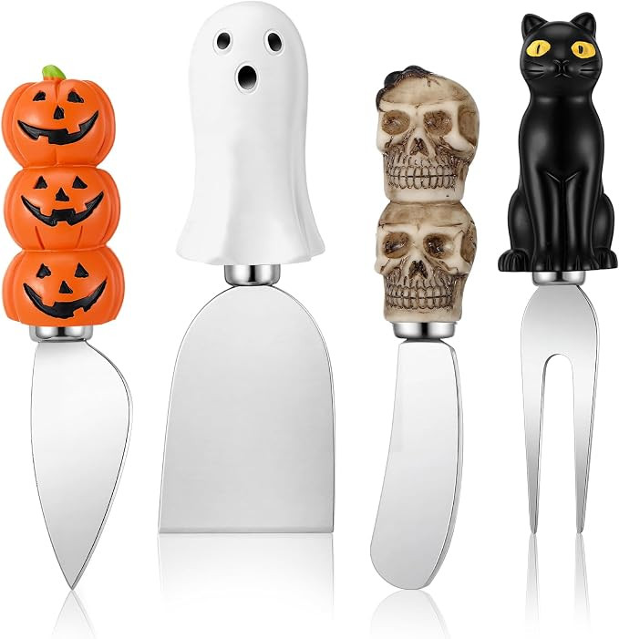 Jingmore 4 Pcs Halloween Cheese and Butter Spreader Knives Decor Pumpkin, Black Cat, Ghost, Skull... | Amazon (US)