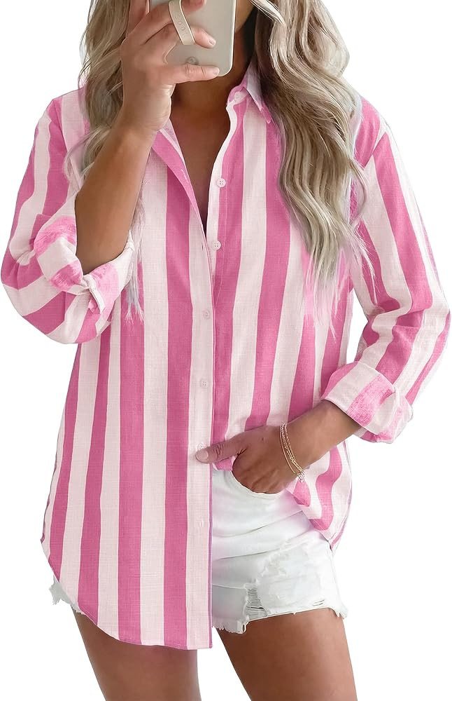 siliteelon Striped Button Down Shirts for Women Linen Button Up Dress Shirt Long Sleeve Blouse Co... | Amazon (US)