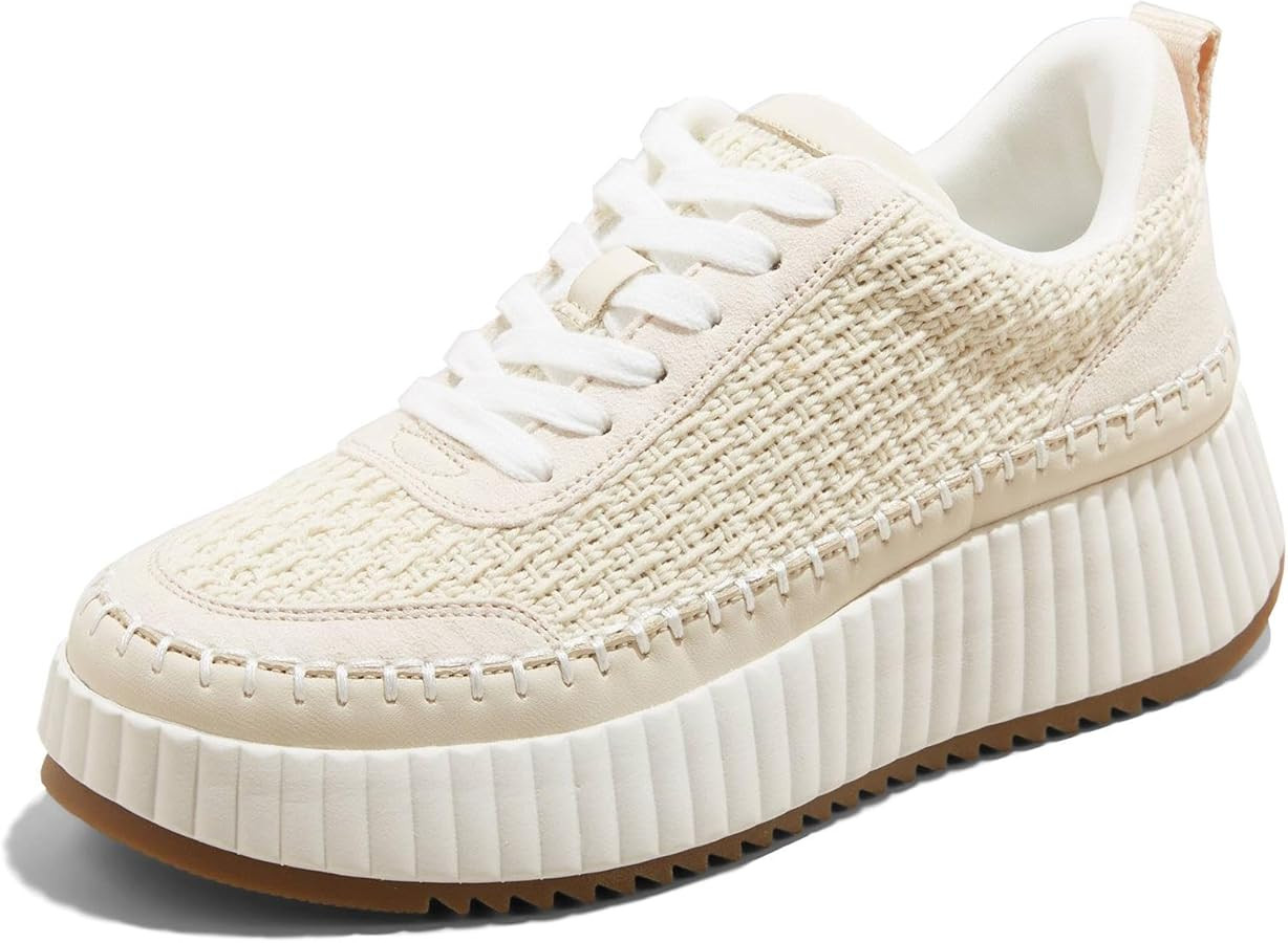 Moyilishan Natural Woven Lace Up Platform Sneakers for Women Low Top Stitching Classic Causal Sho... | Amazon (US)