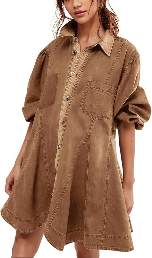 Gozoloma Women's Denim Dress Long Balloon Sleeves Button Down A Line Swing Ruffle Jean Mini Babyd... | Amazon (US)