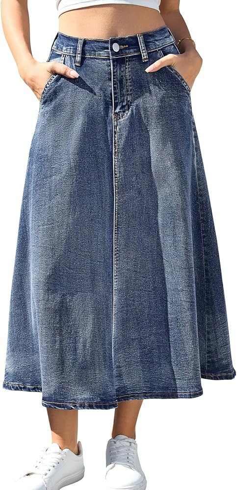 HUSKARY Women's Stretchy High Wasited A Line Long Maxi Jean Skirt Below Knee Length Flared Midi D... | Amazon (US)