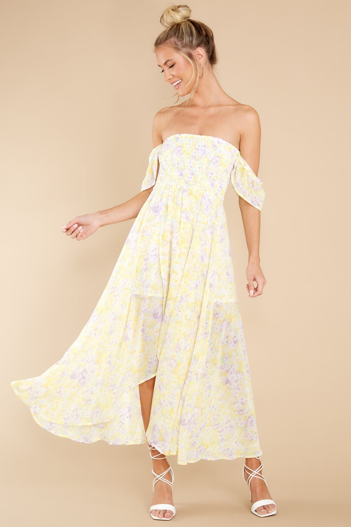 Pretty As A Picture Pastel Yellow Floral Print Midi Dress | Red Dress 