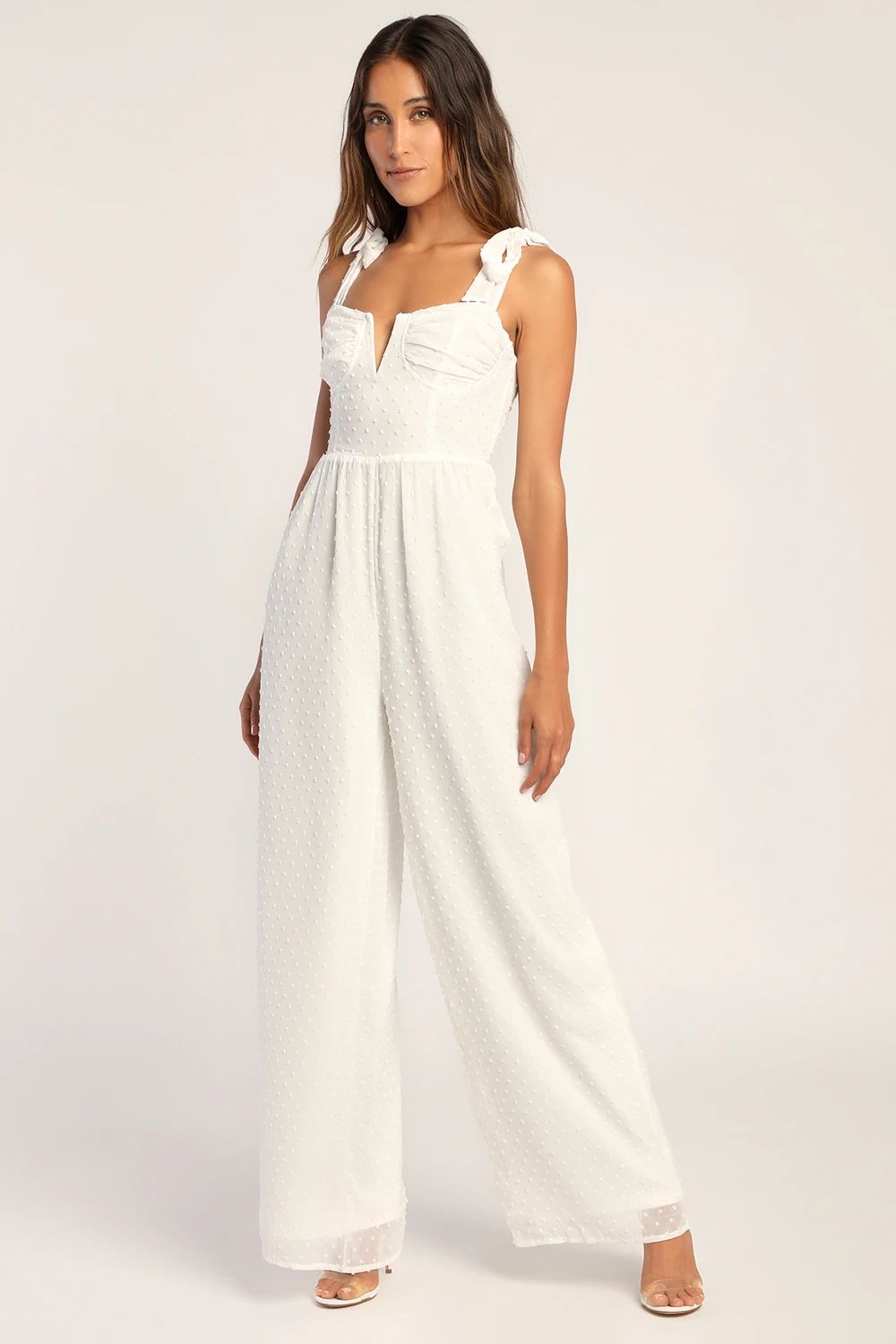 You're Still The One Ivory Swiss Dot Tie-Strap Jumpsuit | Lulus (US)
