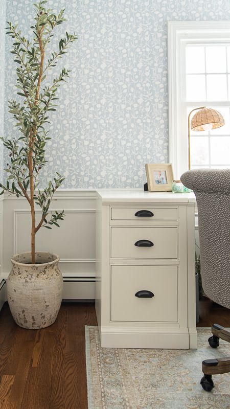 Coastal style home decor, Home, office, Serena and Lily patterned wallpaper, artificial olive tree, white desk and hutch, office chair

#LTKHome #LTKFamily