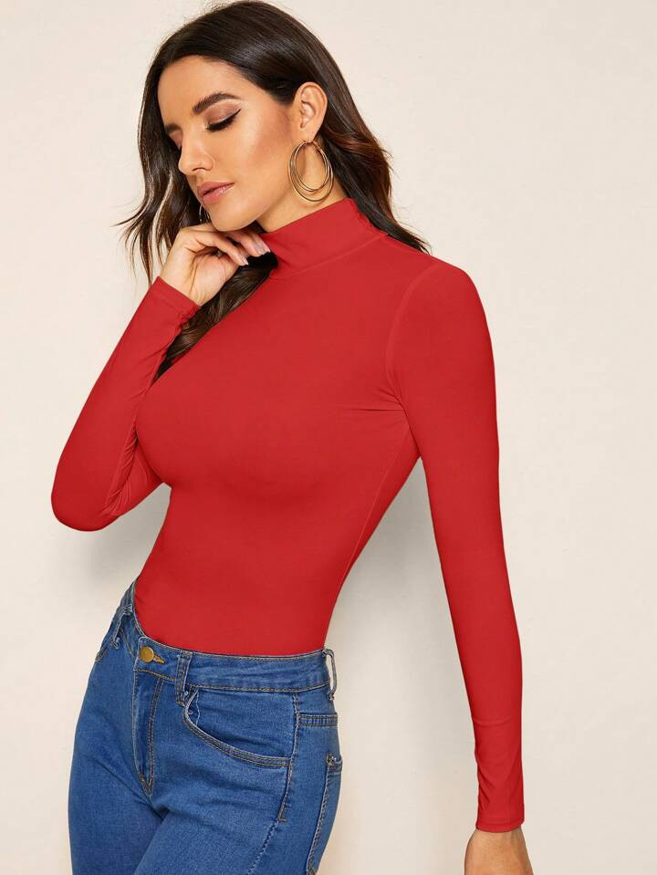 SHEIN Essnce Solid High Neck Slim Fit Tee | SHEIN