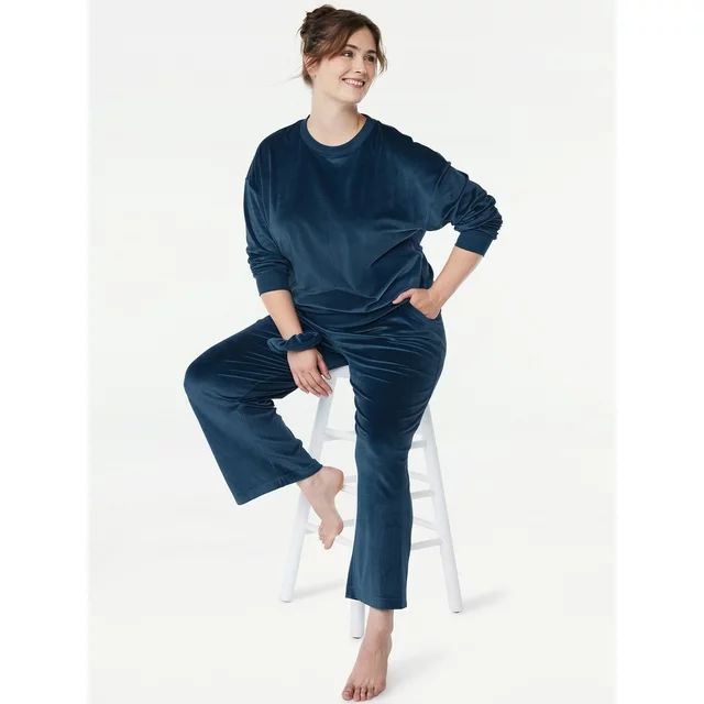 Joyspun Women's Ribbed Velour Top and Pants Pajama Set with Oversized Scrunchie, 3-Piece, Sizes S... | Walmart (US)