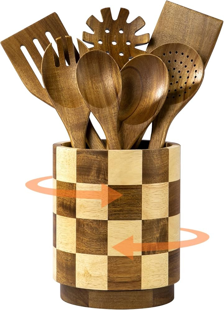 Wooden Utensil Holder, 360\u00b0Rotating Checkered Kitchen Utensil Holder | Amazon (US)