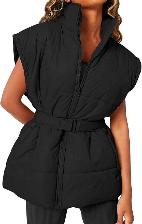 Danedvi Women's Oversized Puffer Vest Stand Collar Cap Sleeve Padded Gilet Outerwear with Belted | Amazon (US)