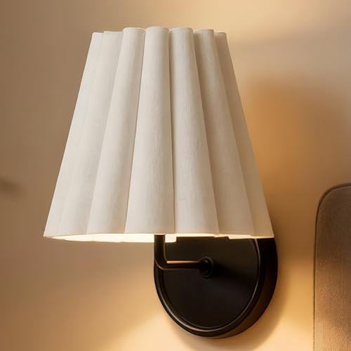 Natural Conical Ivory Linen Wall Sconce with Ruffled Edge, Mid-Century Modern Matte Black Wall Li... | Amazon (US)