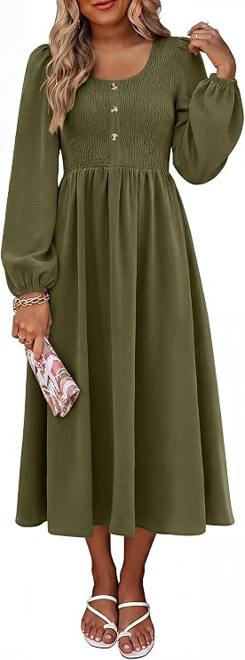 ANRABESS Fall Dresses for Women Long Sleeve Midi Dress | Long Lantern Sleeve, Scoop Neck Button U... | Amazon (US)