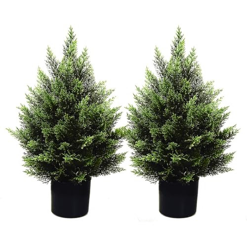 2FT Artificial Topiary Tree Beautiful Realistic Faux Cedar Pines Christmas Trees UV Rated Fake Shrubs for Front Porch Faux Plants Indoor and Outdoor Decor（2 Pack） | Amazon (US)