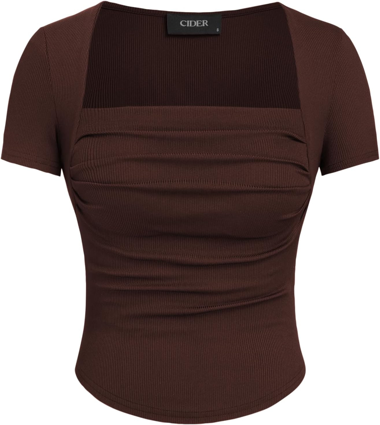 CIDER Square Neck Tops for Women Ruched Short Sleeve Slim Fitted Tee Basic T Shirt Square Neck Going Out Tops | Amazon (US)