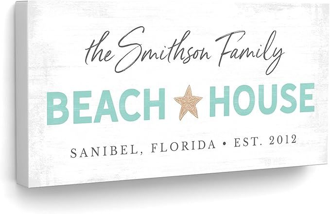 Pretty Perfect Studio Personalized Beach House Sign, Family Beach Home Custom Canvas Wall Art Bea... | Amazon (US)
