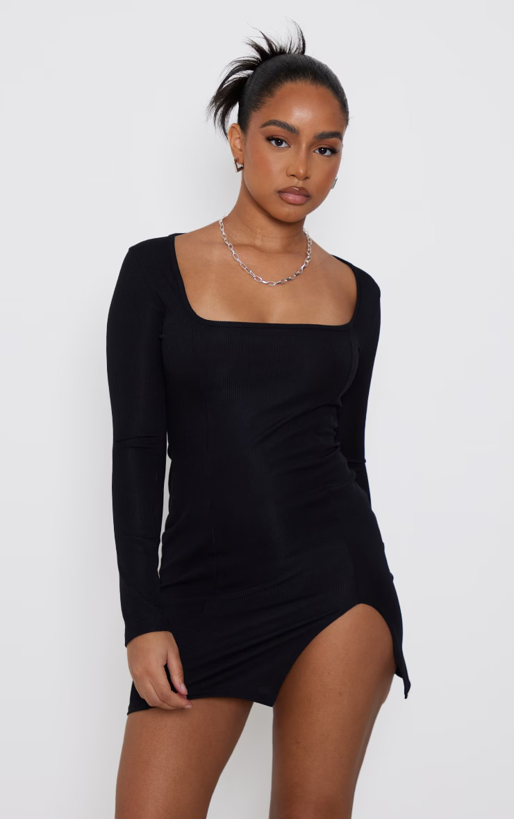 Petite Black Rib Split Hem Square Neck Long Sleeve Bodycon Dress | PrettyLittleThing UK