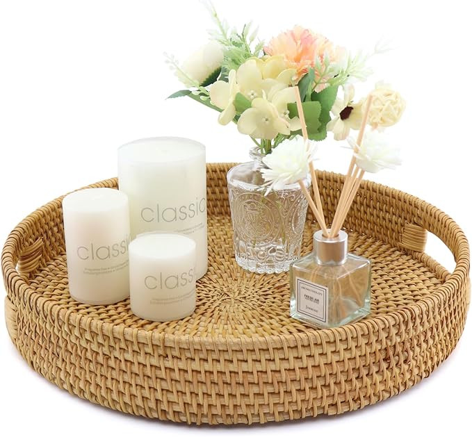 Handwoven Rattan Round Serving Tray, Natural Wicker Decorative Tray for Serving, Coffee Table, Ho... | Amazon (US)