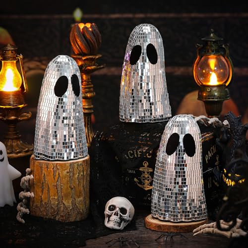 Gemscream 3 Pcs Halloween Disco Ghost Decor 5.9 Inch Silver Mirror Disco Balls Table Decoration Silver Glitter Spooky Ghost Sign Halloween Tiered Tray Decor Mosaic Table Centerpiece for Party Gift | Amazon (US)