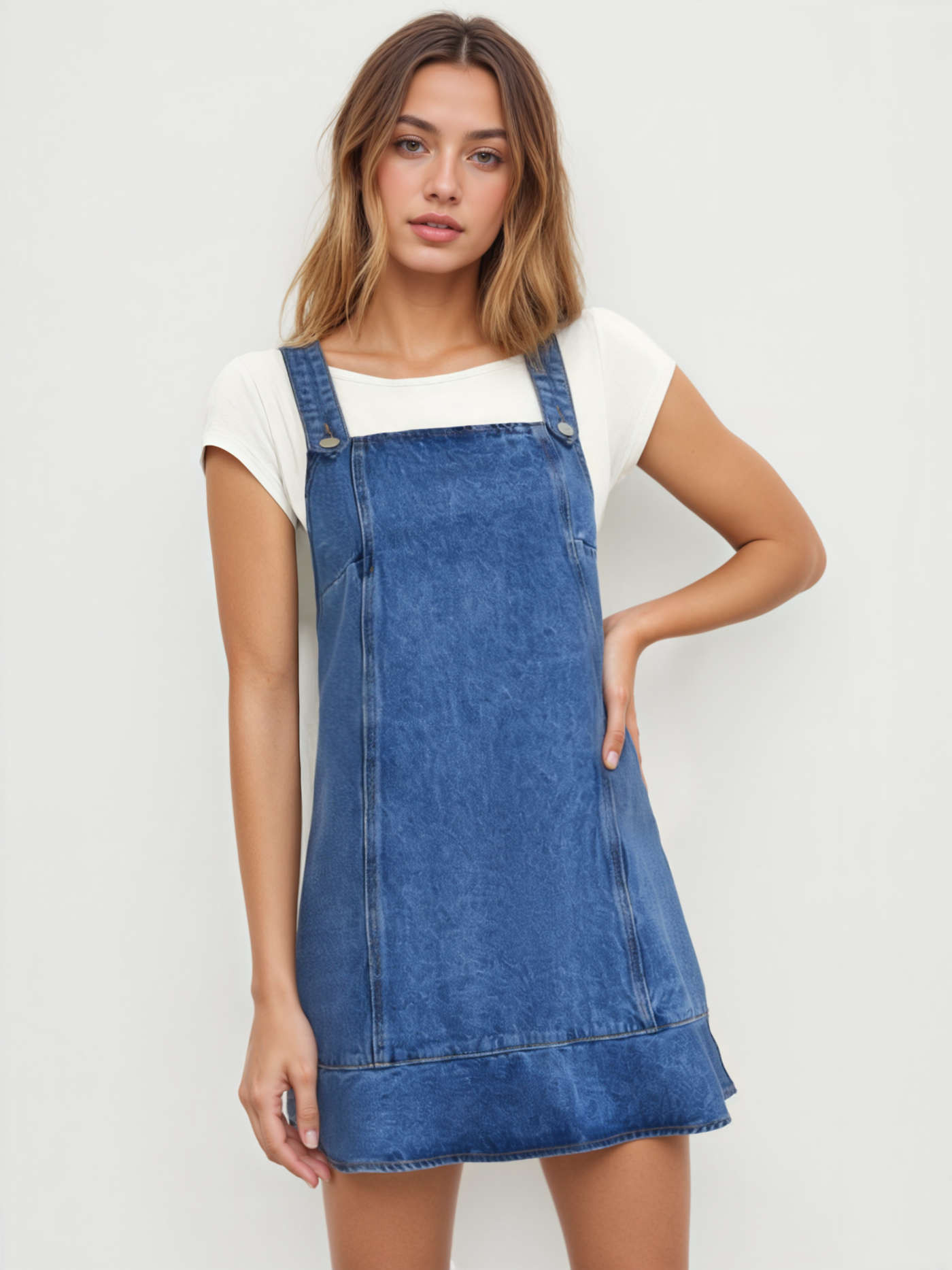 Denim Ruffle Hem Pinafore Mini Dress | Cider
