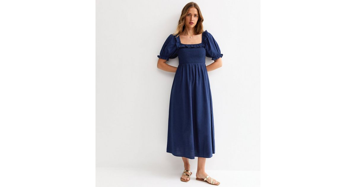 Navy Short Sleeve Shirred Frill Midi Dress | New Look | New Look (UK)