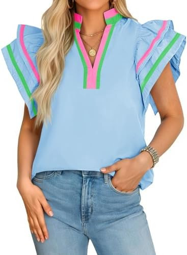 Cicy Bell Womens Ruffle Cap Sleeve Tops Color Block V Neck Dressy Casual Blouses Summer Pleated L... | Amazon (US)