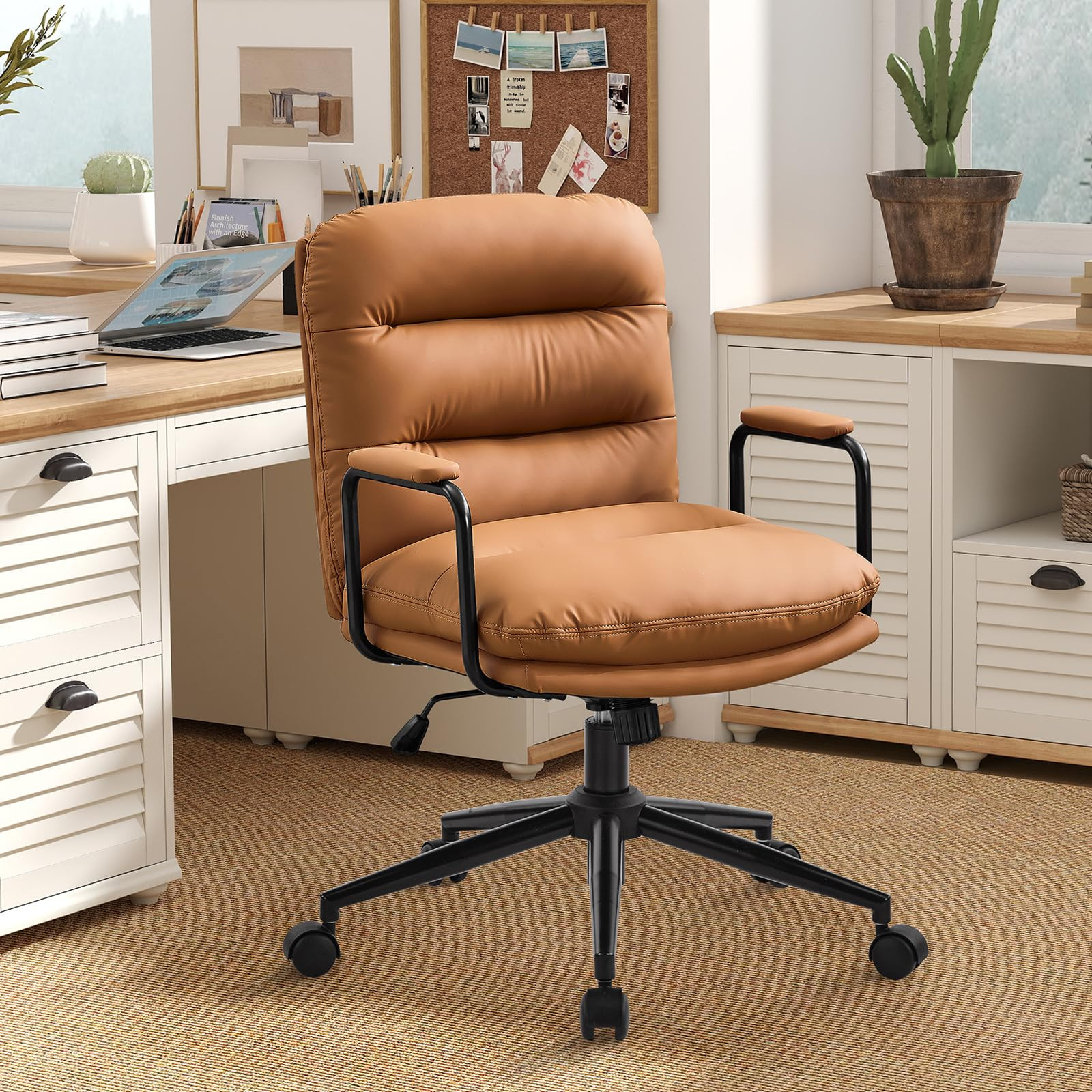 Furniliving Leather Home Desk Chair, Comfortable Executive Office Chair with Wheels, Ergonomic Co... | Amazon (US)