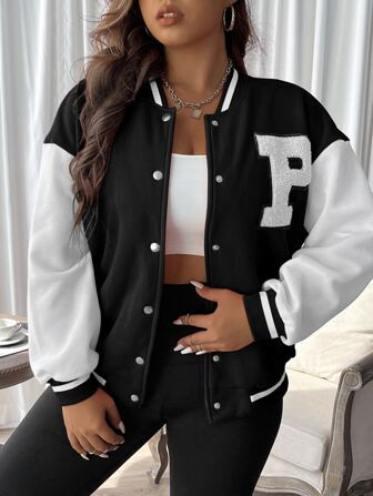 Plus Letter Patched Striped Trim Drop Shoulder Varsity Jacket | SHEIN