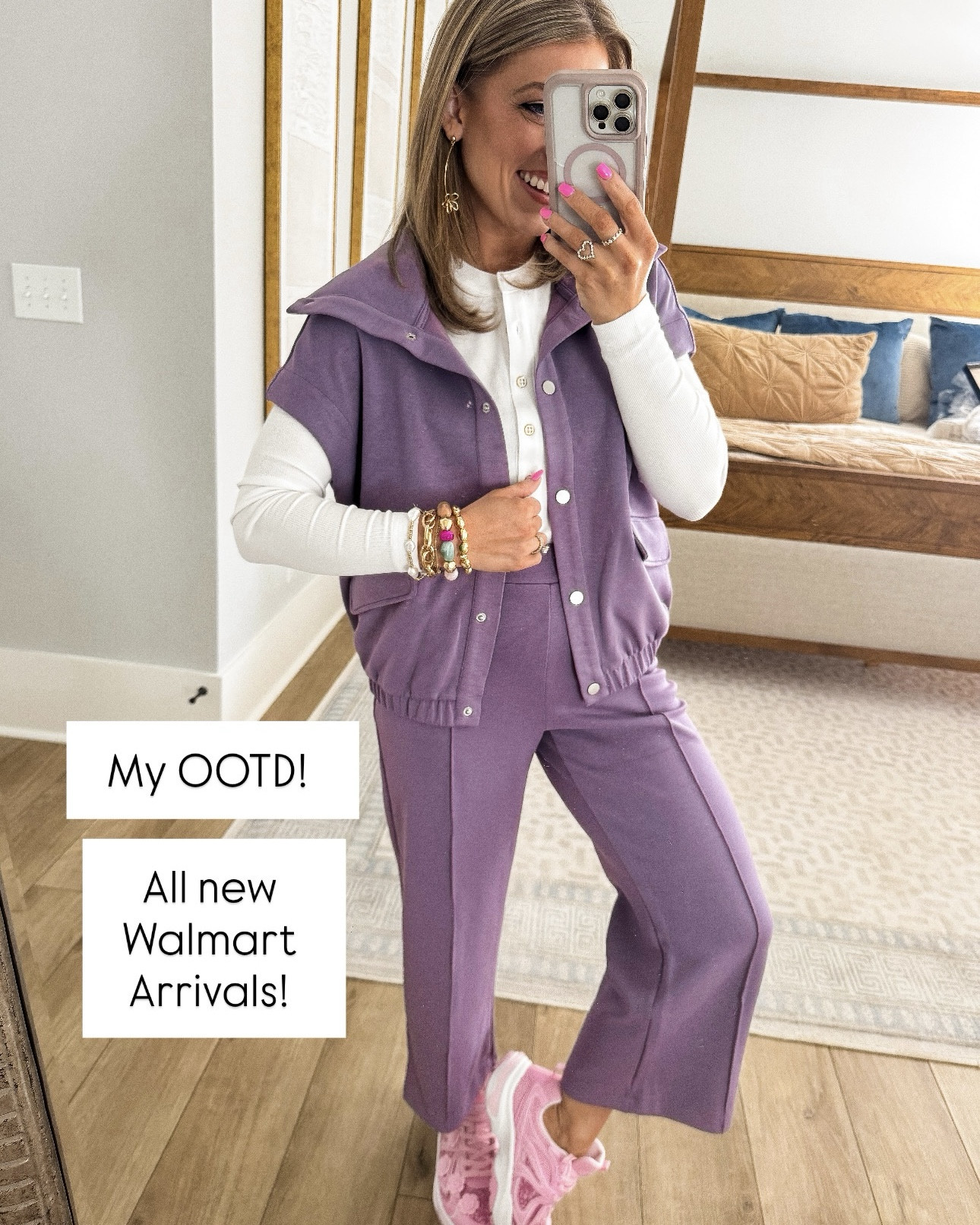 My OOTD and I’m officially obsessed 💜✨ All NEW Walmart Scubaknit arrivals and they are SO good!!

This lilac Scubaknit set is the perfect mix of comfy + polished. The fabric is buttery soft with that structured feel that makes it look elevated (but feels like loungewear 🙌). I love the cropped wide leg pant with the front seam detail and the matching snap-front vest layered over a classic long sleeve tee. It’s giving sporty chic mom life, travel day outfit, school drop-off look… all of it.

And can we talk about these NEW floral appliqué sneakers?! 🌸💗 The pink mesh + 3D flower details are the cutest statement shoe for spring. They add the perfect pop of color and make this entire look feel fun and feminine. Go down half a size! 

Everything is from Walmart and such amazing quality for the price. Linking it all in my LTK 🤍

#WalmartFashion #WalmartFinds #Scubaknit #WalmartNewArrivals #SpringOOTD #MomStyle #AffordableFashion #WalmartStyle #SportyChic #FloralSneakers #OOTD #EverydayStyle