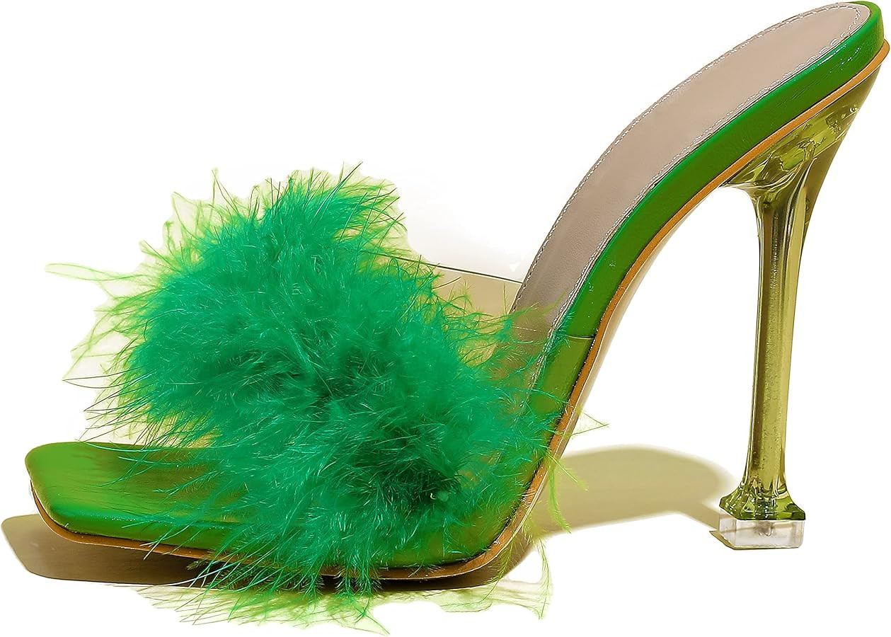 Women White Feather Clear PVC Slippers Square Toe Stilettos Slides Transparent Crystal High Heels... | Amazon (US)