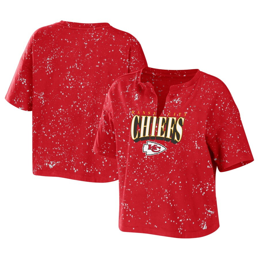 Kansas City Chiefs WEAR by Erin Andrews Women's Bleach Wash Splatter Notch Neck Cropped T-Shirt -... | Fanatics
