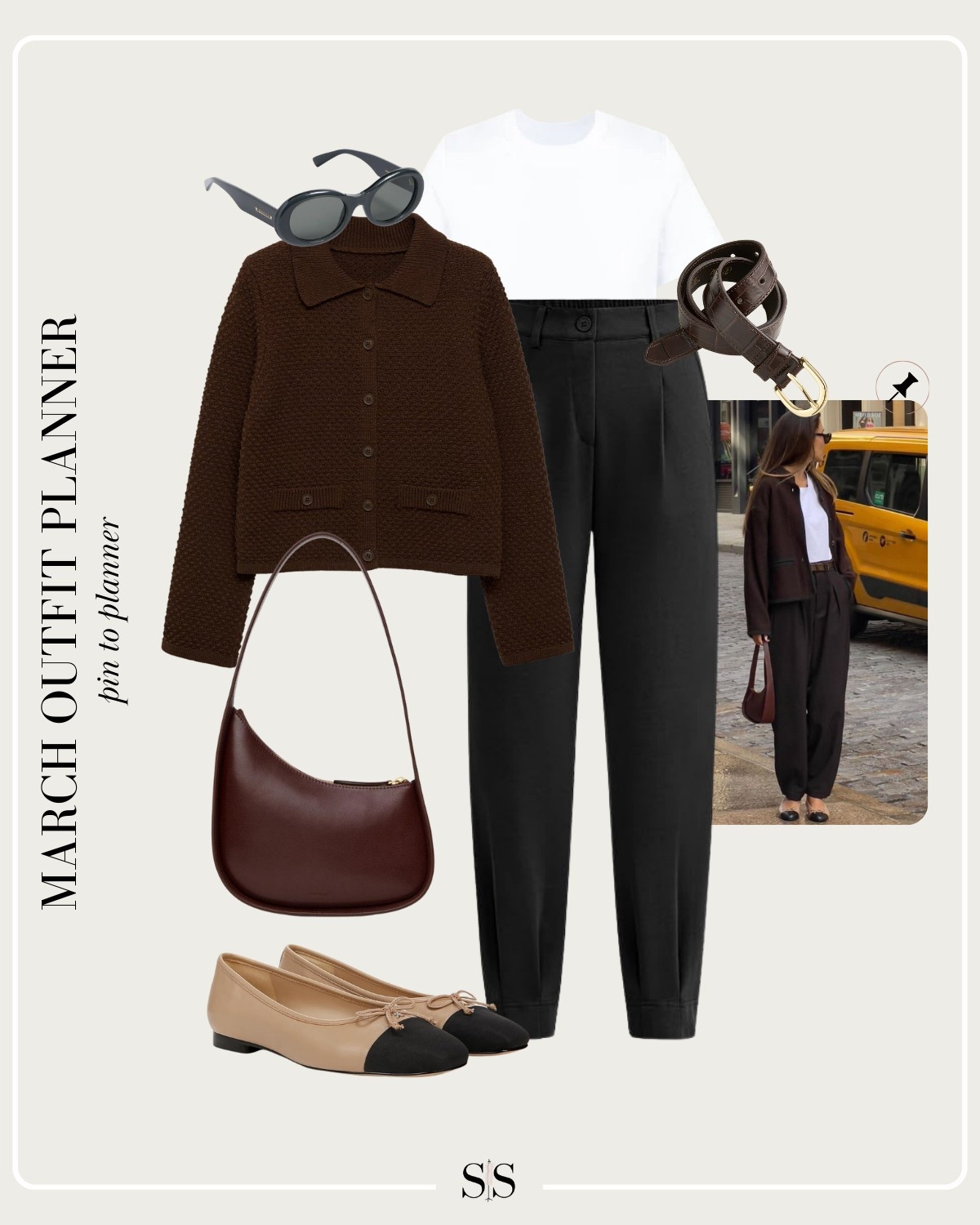 Monthly outfit planner MARCH: Winter to Spring transitional looks, pin to planner outfit inspo | black trouser, brown cardigan, white tee, two toned flats 

#springoutfit #casualstyle 

Image credit: Pinterest - @wendyswan


#LTKStyleTip