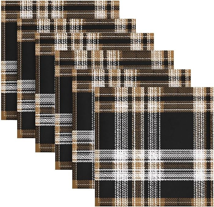 Black Brown Plaid Dinner Napkins Set of 4 Reusable Table Cloth Napkins | Amazon (US)