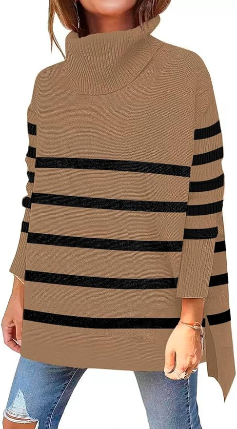 Women's Turtleneck Oversized Sweaters Long Sleeve Split Hem Striped Knit Pullover Tops | Amazon (US)