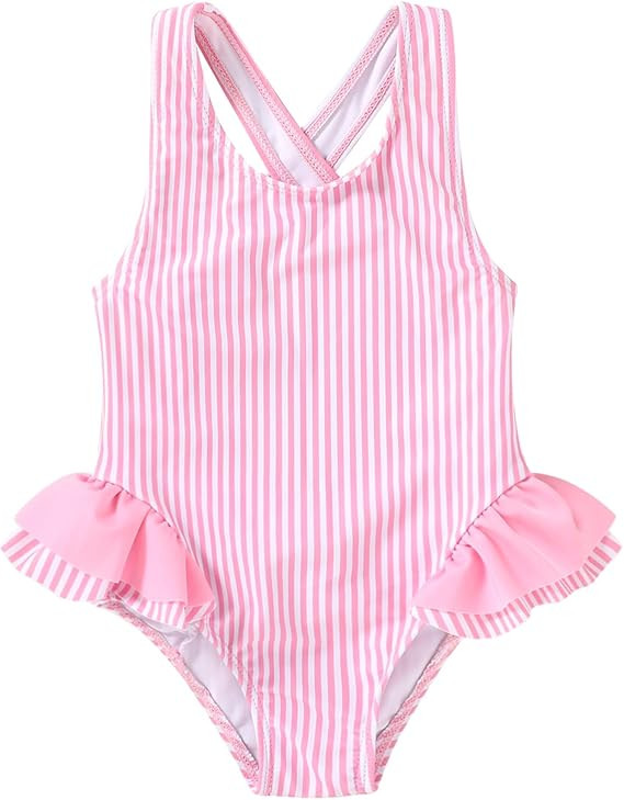 Toddler Swimsuit Girl Infant One Piece Swimwear Stripe Floral Summer Beach Bathing Suits with Bow... | Amazon (US)