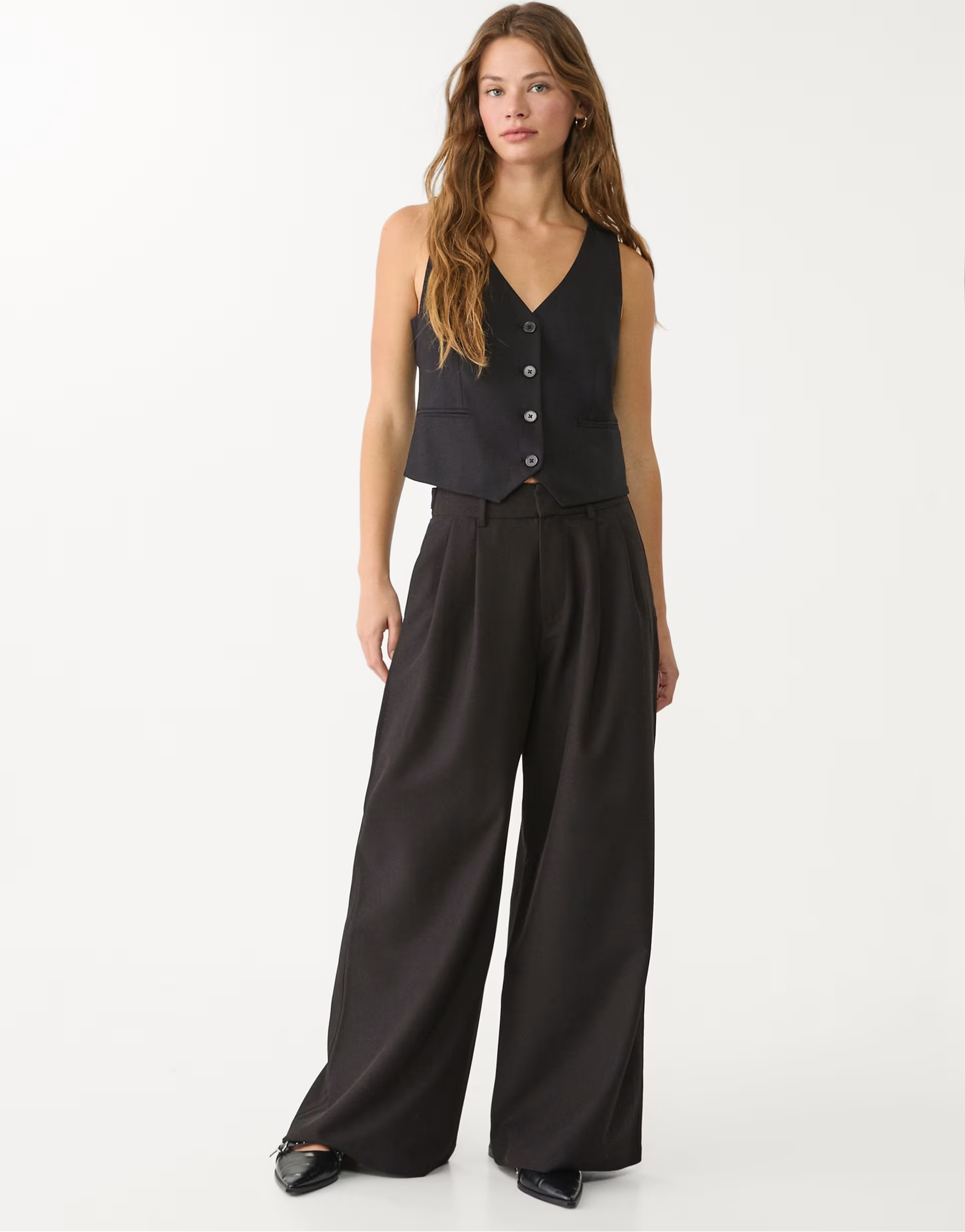 Stradivarius super wide leg adjustable waist trousers in black | ASOS (Global)