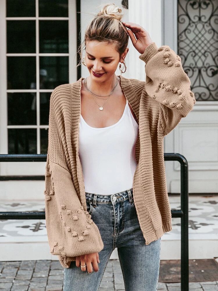 Simplee Open Front Drop Shoulder Popcorn Knit Cardigan | SHEIN