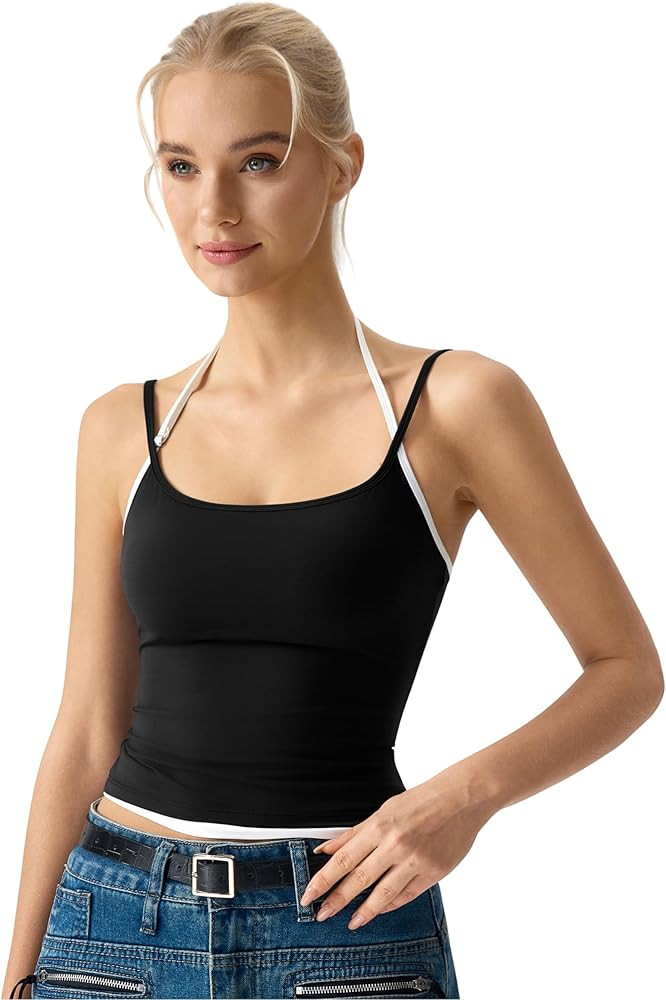 QINSEN Women's Spaghetti Strap Tank Top Slim Fitting Layered Halter Neck Sleeveless Crop Cami Shi... | Amazon (US)