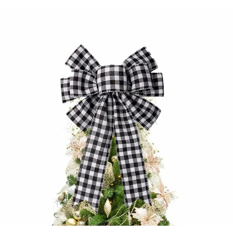 Buffalo Plaid Christmas Tree Topper Decoration - White Black Burlap Bow - Rustic Farmhouse Xmas D... | Walmart (US)