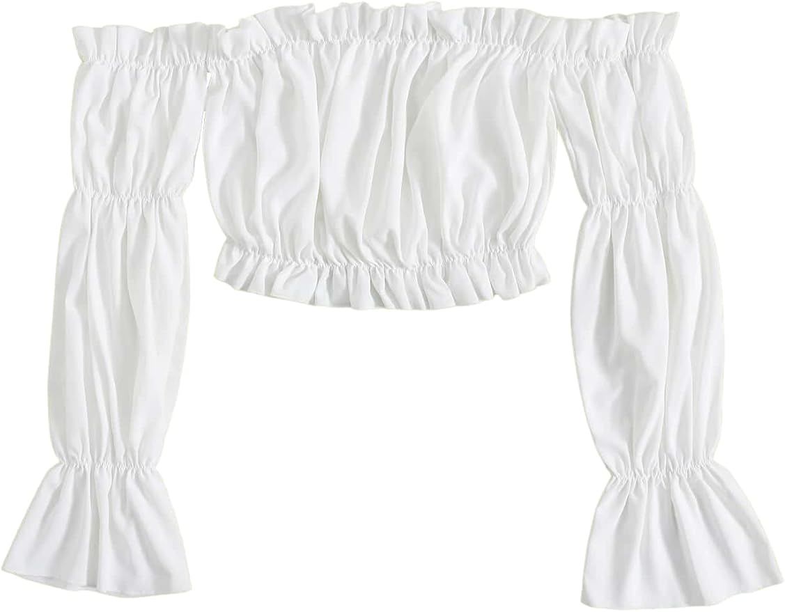 Verdusa Women's Off Shoulder Crop Top Ruffle Flounce Long Sleeve Shirt Casual Ruched Blouse | Amazon (US)