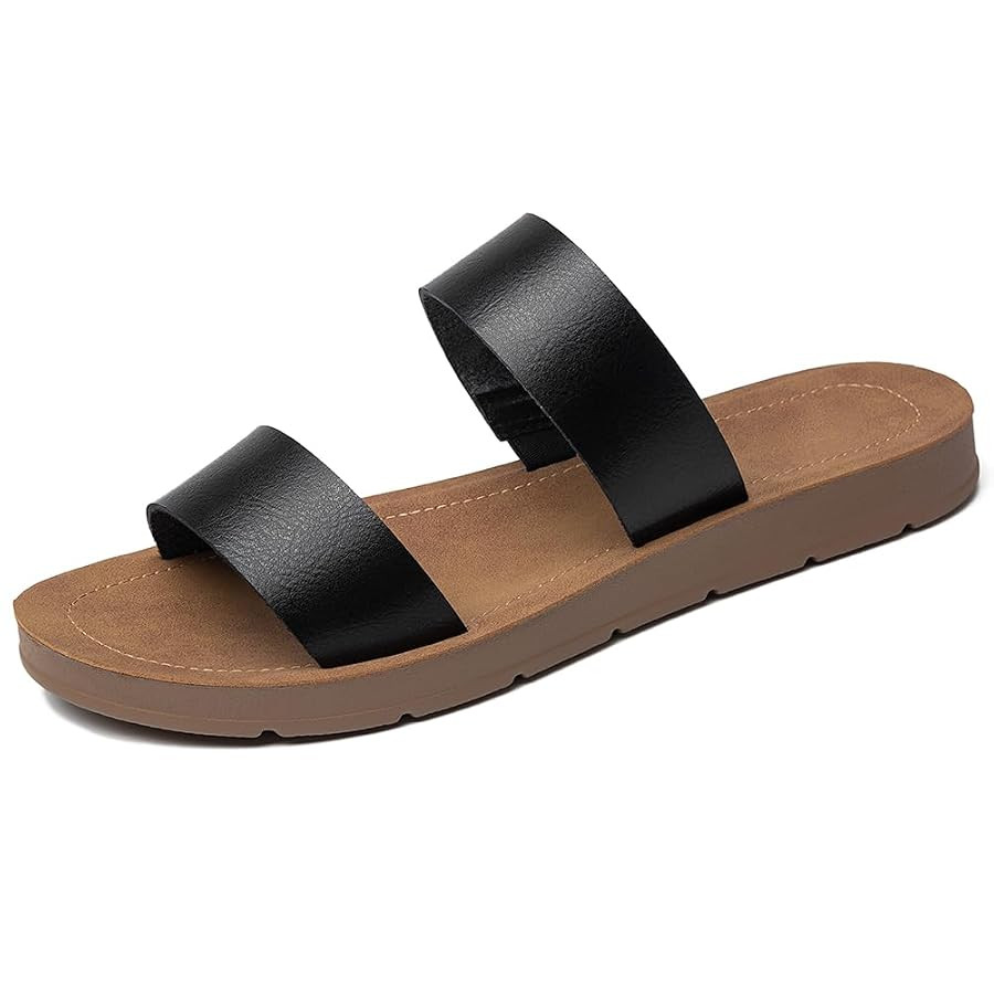 Women Casual Open Toe Two Bands with Elastic Fashion Slide Flat Sandal | Amazon (US)