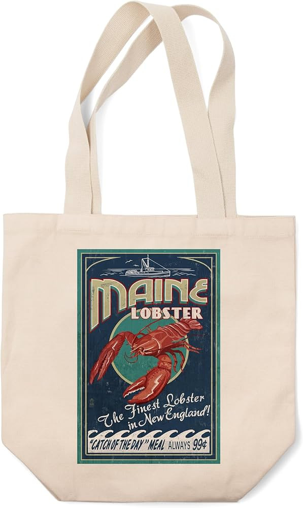 Maine, Lobster, Vintage Sign (100% Cotton Canvas Reusable Tote Bag) | Amazon (US)