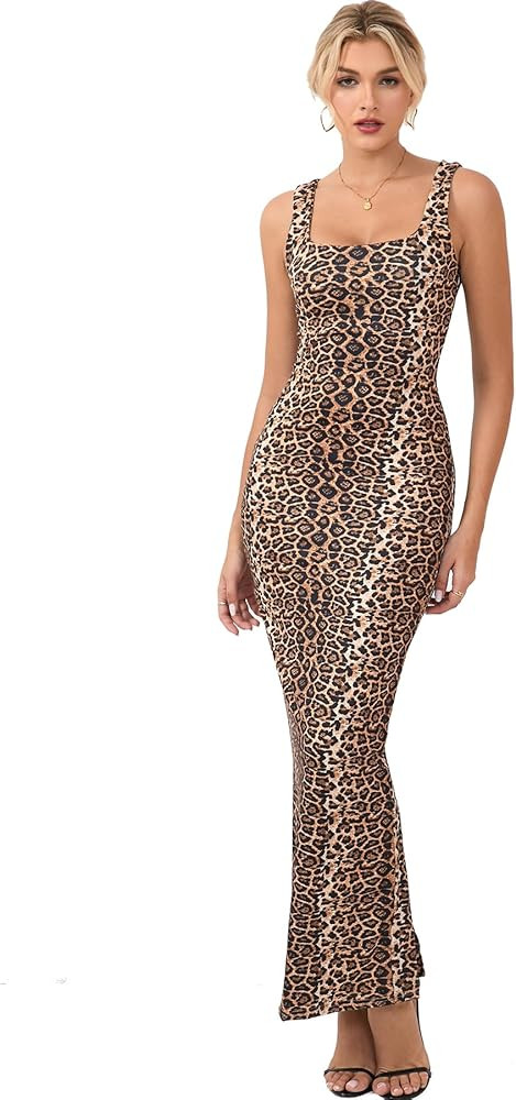 Women's Leopard Print Slit Sleeveless Tank Maxi Dress Casual Fitted Evening Gown Club Party Floor... | Amazon (US)