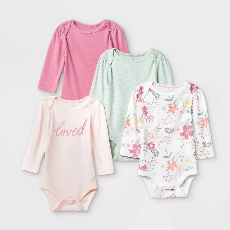 Baby Girls' 4pk Meadow Long Sleeve Bodysuit - Cloud Island™ Pink/Green/White | Target