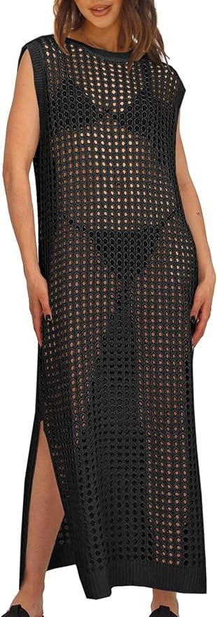Saodimallsu Womens Crochet Swimsuit Coverup Summer Sleeveless Hollow Out Knit Crewneck Side Split... | Amazon (US)