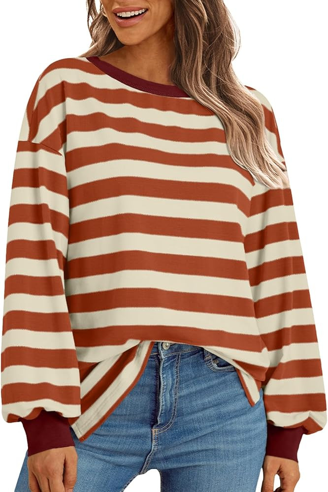 AUTOMET Oversized Tshirts for Women Striped Long Sleeve Cotton Trendy Tops 2024 Loose Fit Tee Shi... | Amazon (US)