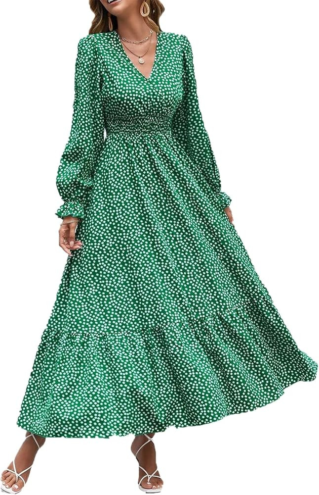Women's Floral Print Long Sleeve Maxi Dress Casual V Neck Smocked Waist Ruffle Long Flowy Boho Be... | Amazon (US)
