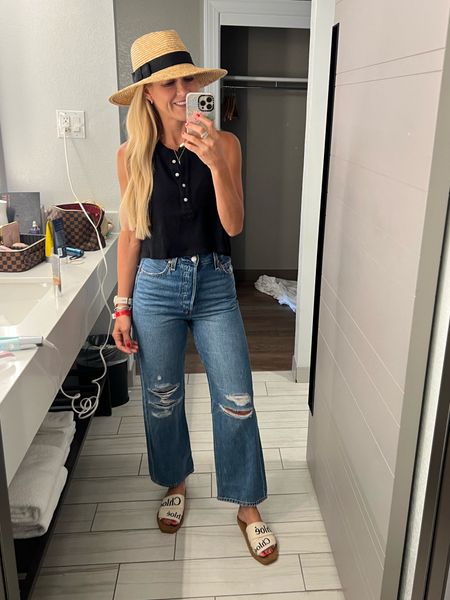 Cute henley tank on sale. I bought it in several colors. Also these cute jeans are on sale for $75! Wearing my true size. Linking this fav wide brim hat and Chloe sandals high waisted jeans high waist crop jeans 

#LTKsalealert #LTKstyletip #LTKunder100